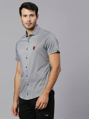 Thomas Scott Men Grey Classic Slim Fit Short Sleeves Spread Collar Solid Knitted Casual Shirts