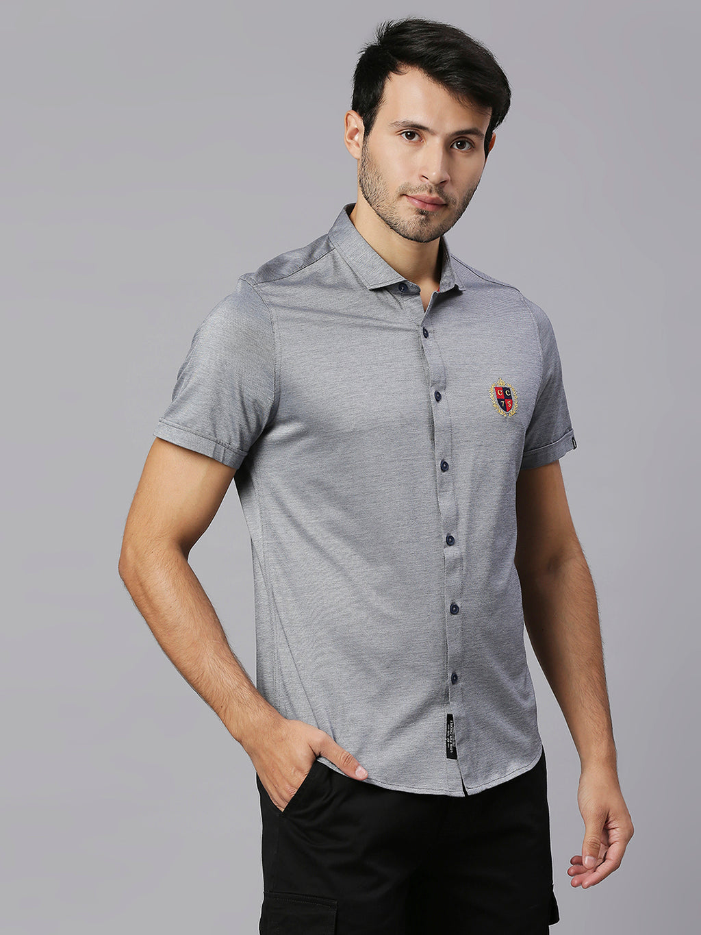Thomas Scott Men Grey Classic Slim Fit Short Sleeves Spread Collar Solid Knitted Casual Shirts