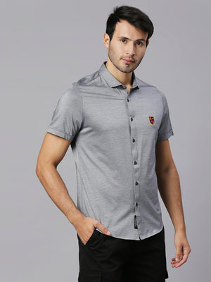 Thomas Scott Men Grey Classic Slim Fit Short Sleeves Spread Collar Solid Knitted Casual Shirts