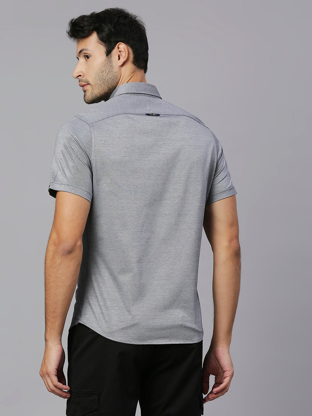 Thomas Scott Men Grey Classic Slim Fit Short Sleeves Spread Collar Solid Knitted Casual Shirts
