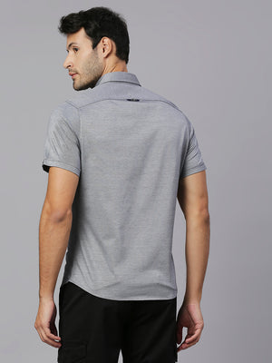 Thomas Scott Men Grey Classic Slim Fit Short Sleeves Spread Collar Solid Knitted Casual Shirts