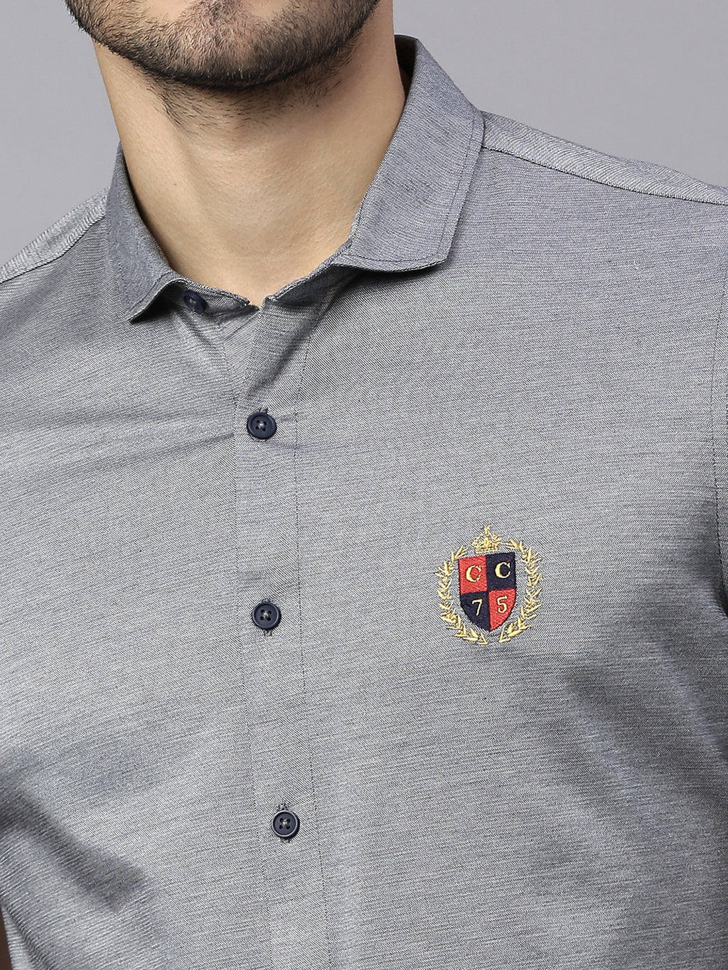 Thomas Scott Men Grey Classic Slim Fit Short Sleeves Spread Collar Solid Knitted Casual Shirts