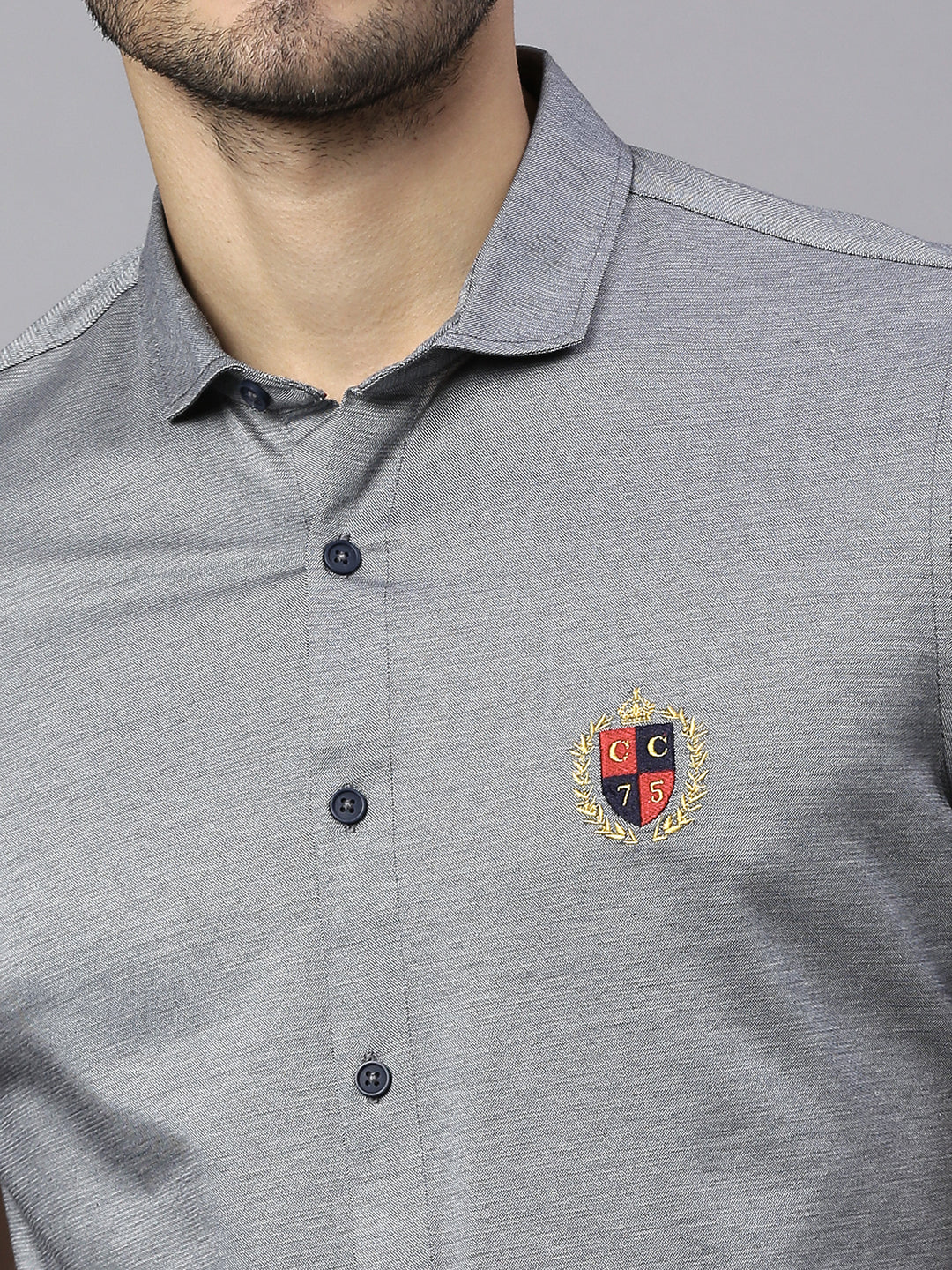 Thomas Scott Men Grey Classic Slim Fit Short Sleeves Spread Collar Solid Knitted Casual Shirts