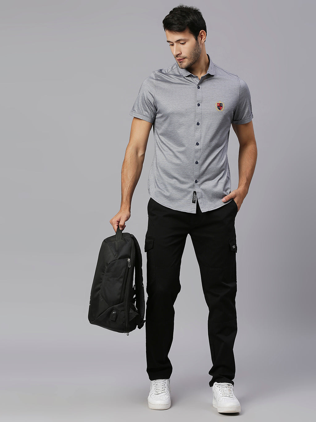 Thomas Scott Men Grey Classic Slim Fit Short Sleeves Spread Collar Solid Knitted Casual Shirts
