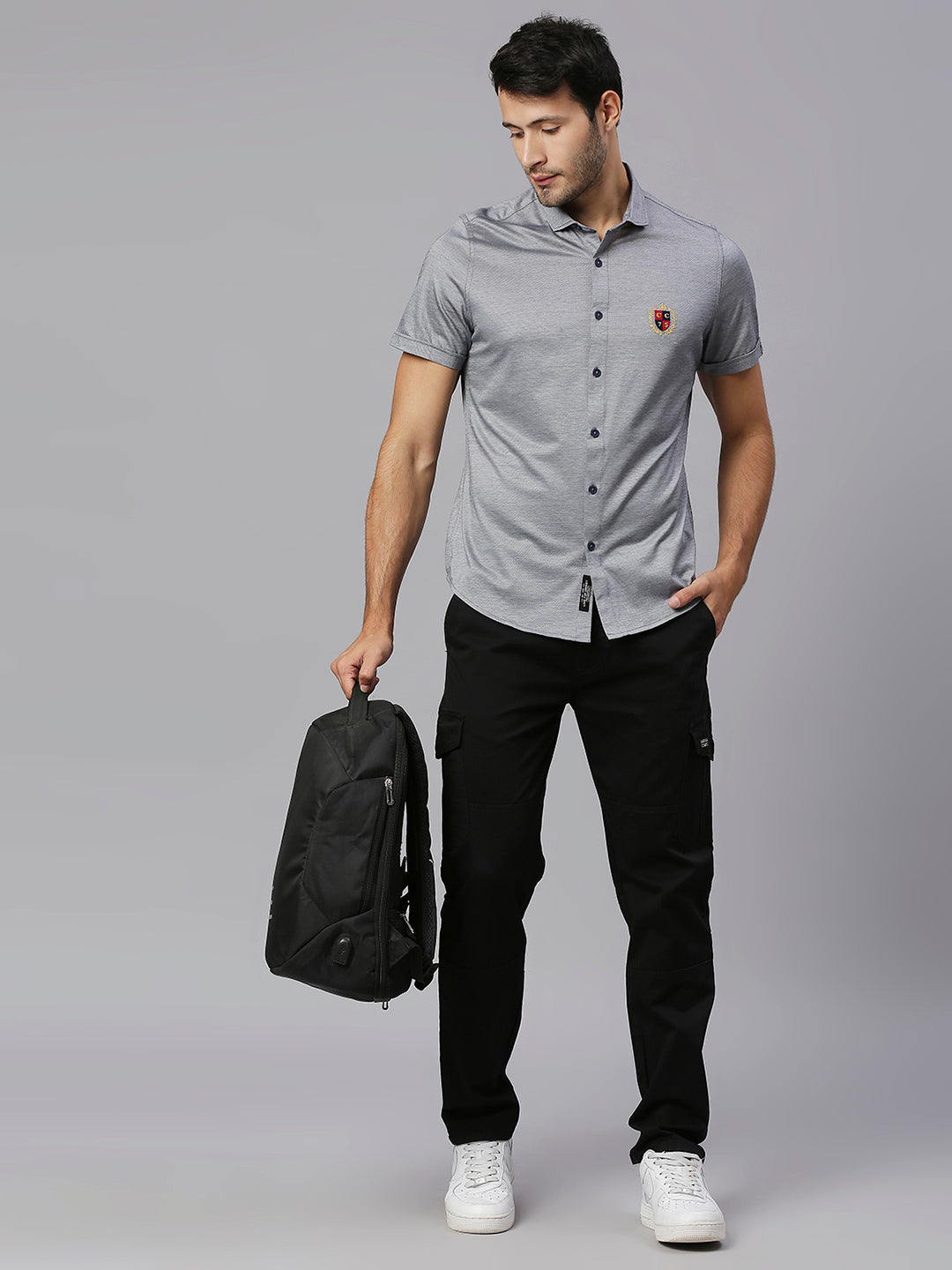 Thomas Scott Men Grey Classic Slim Fit Short Sleeves Spread Collar Solid Knitted Casual Shirts