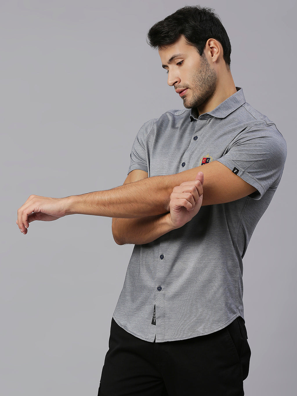 Thomas Scott Men Grey Classic Slim Fit Short Sleeves Spread Collar Solid Knitted Casual Shirts