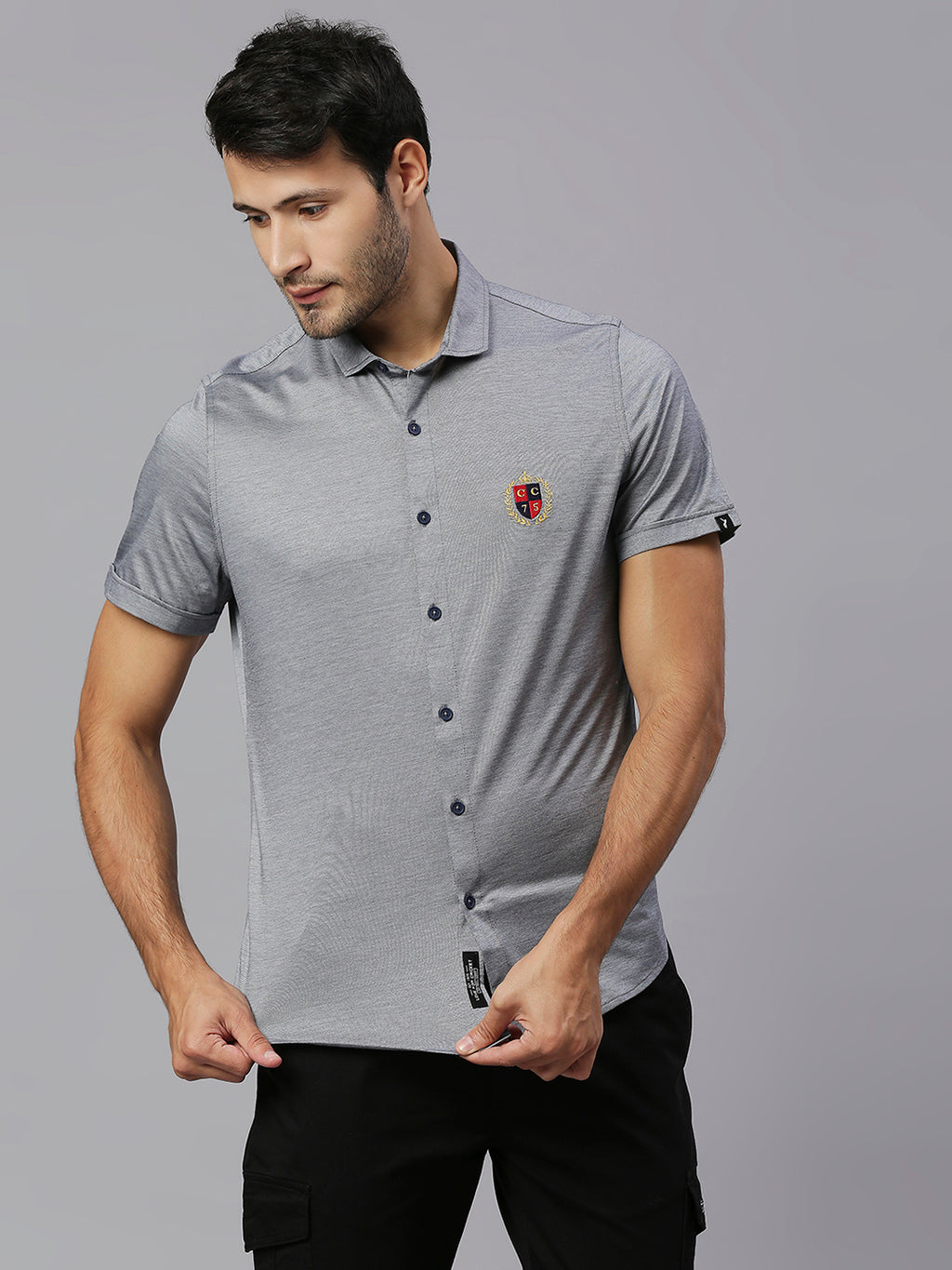 Thomas Scott Men Grey Classic Slim Fit Short Sleeves Spread Collar Solid Knitted Casual Shirts