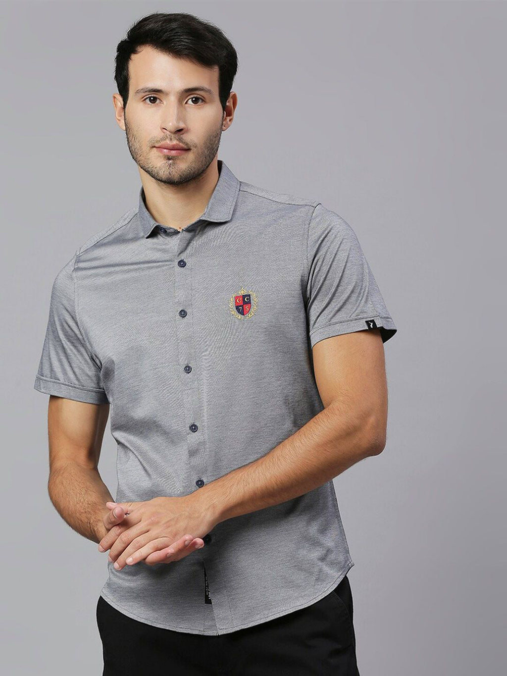 Thomas Scott Men Grey Classic Slim Fit Short Sleeves Spread Collar Solid Knitted Casual Shirts