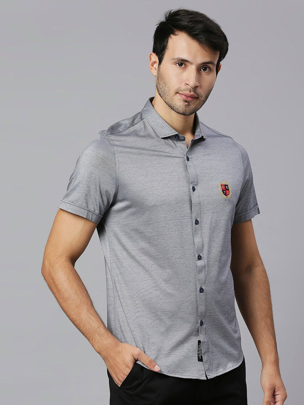 Thomas Scott Men Grey Classic Slim Fit Short Sleeves Spread Collar Solid Knitted Casual Shirts