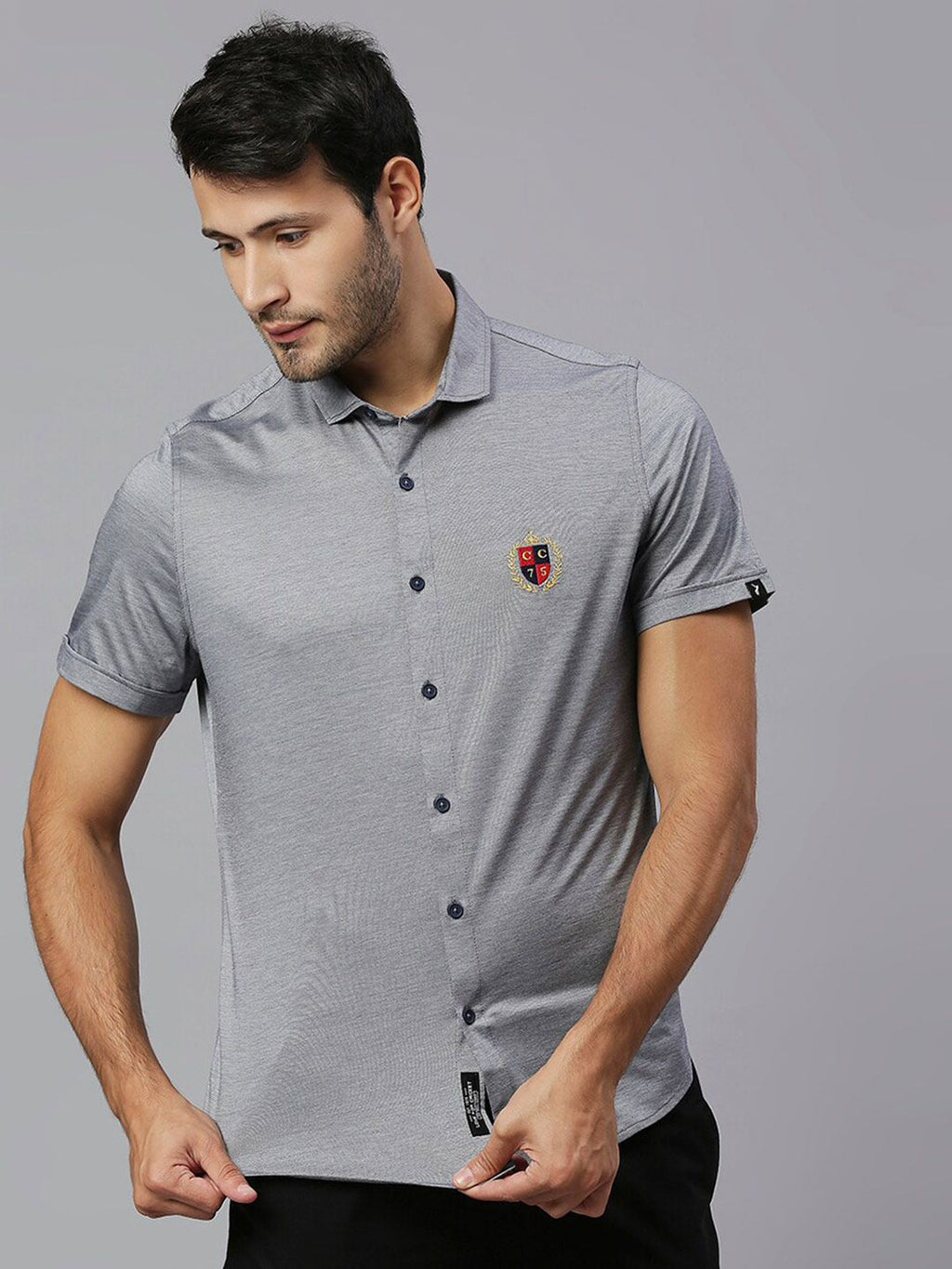 Thomas Scott Men Grey Classic Slim Fit Short Sleeves Spread Collar Solid Knitted Casual Shirts