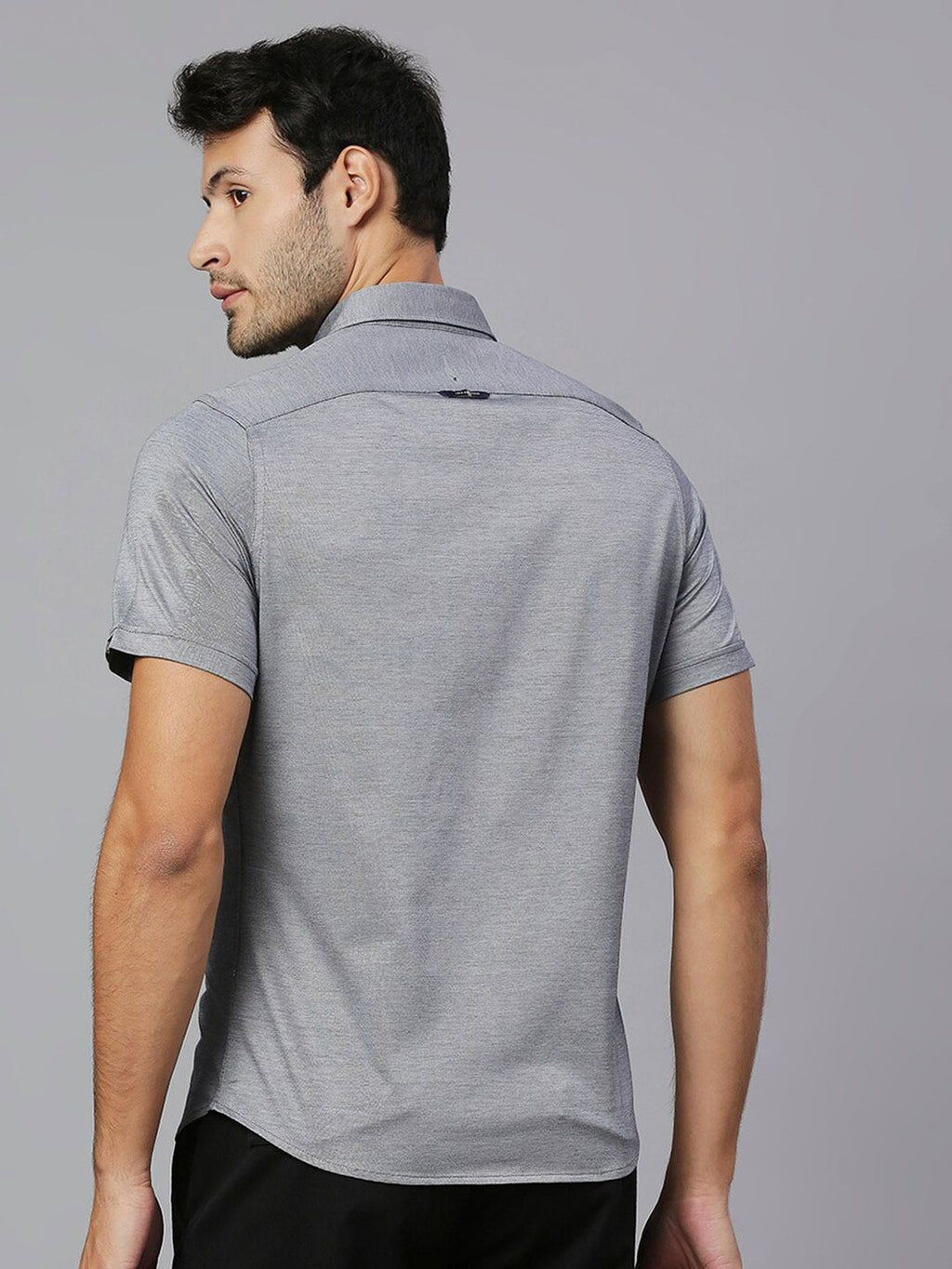 Thomas Scott Men Grey Classic Slim Fit Short Sleeves Spread Collar Solid Knitted Casual Shirts