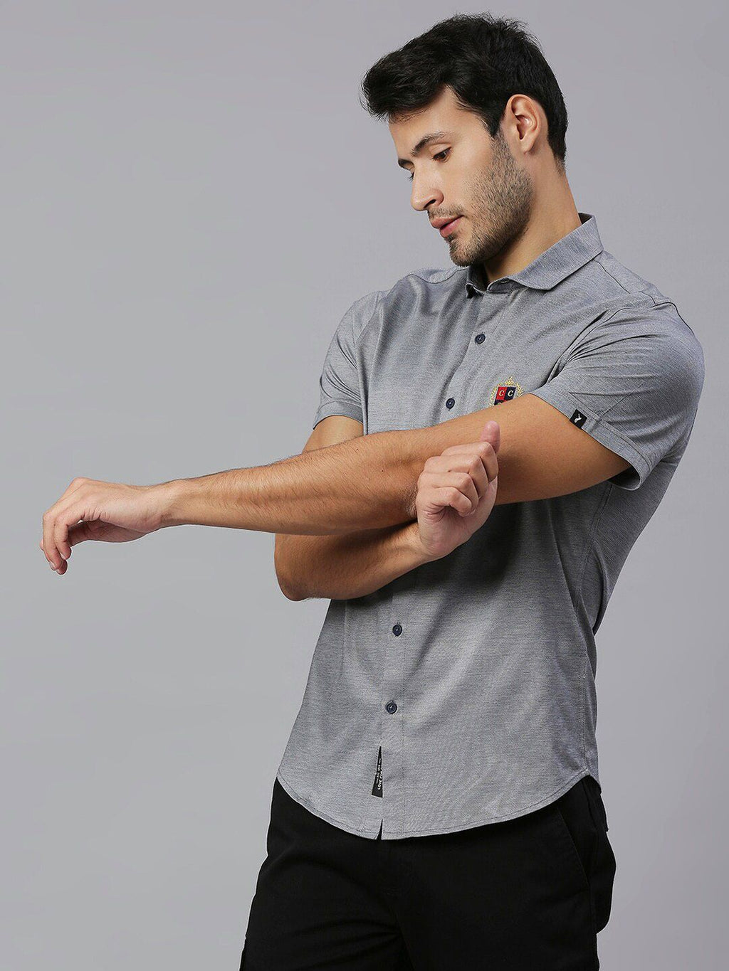 Thomas Scott Men Grey Classic Slim Fit Short Sleeves Spread Collar Solid Knitted Casual Shirts
