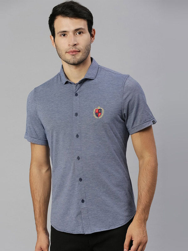 Thomas Scott Men Navy Classic Slim Fit Short Sleeves Spread Collar Solid Knitted Casual Shirts