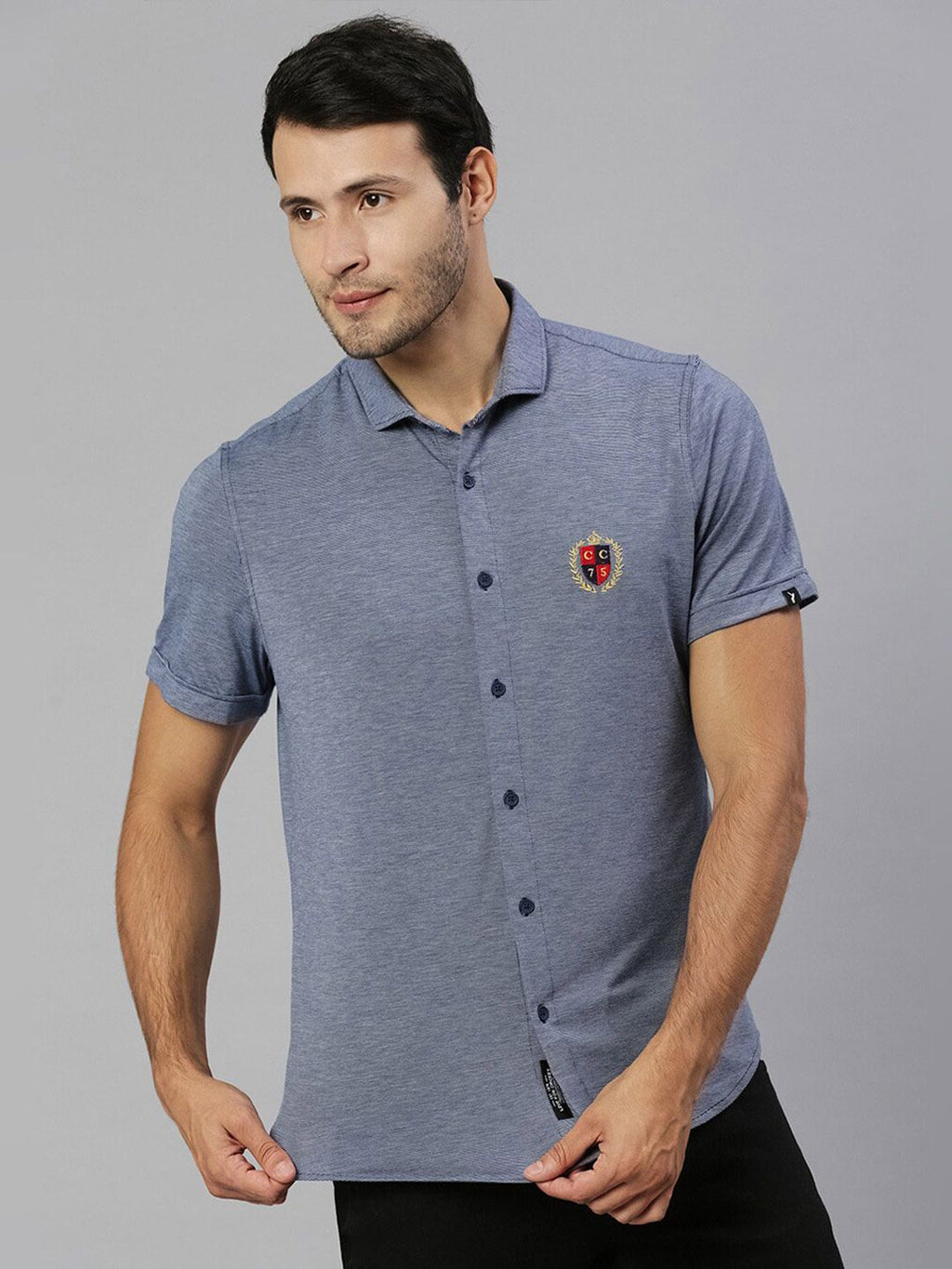Thomas Scott Men Navy Classic Slim Fit Short Sleeves Spread Collar Solid Knitted Casual Shirts