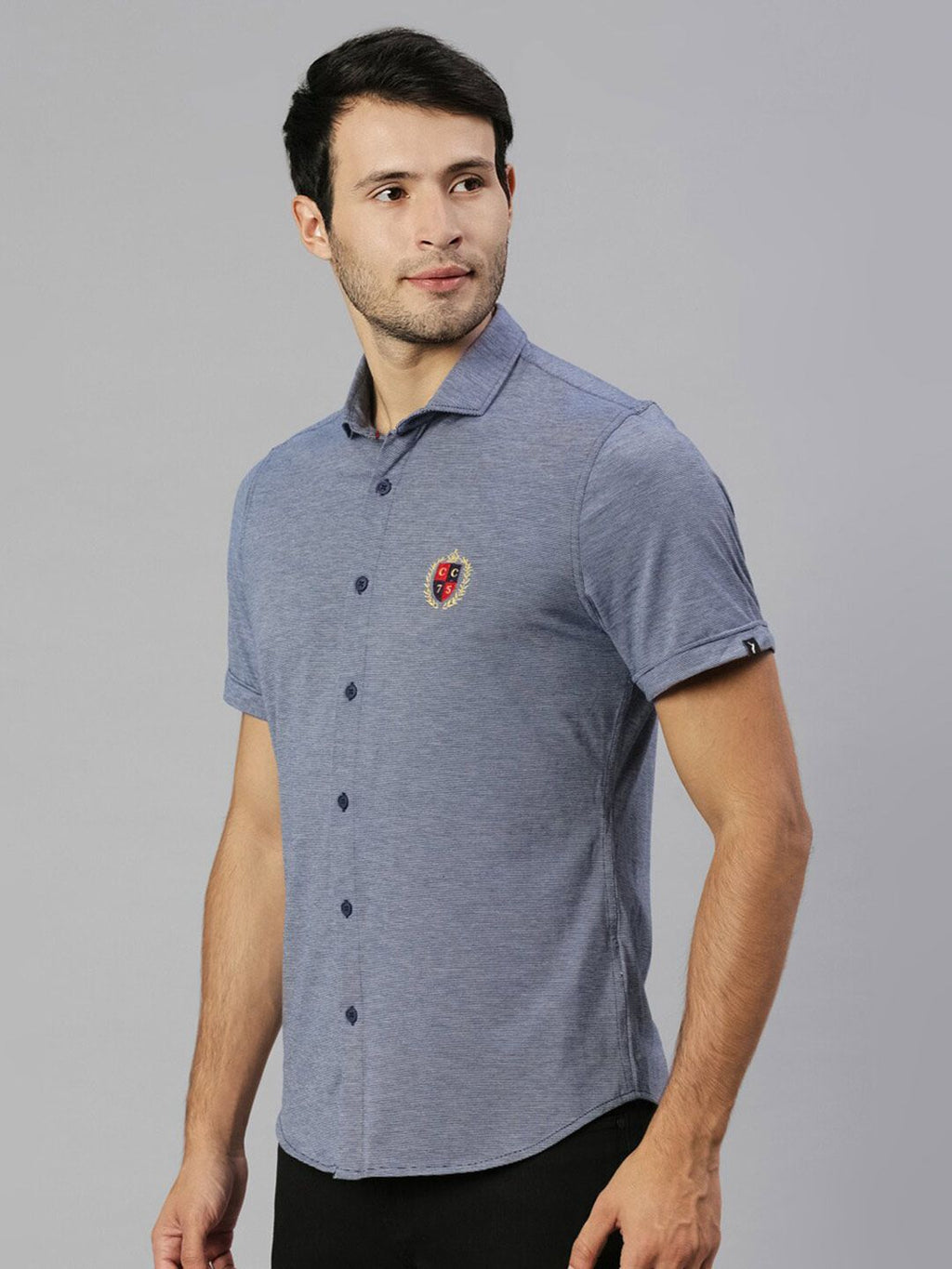 Thomas Scott Men Navy Classic Slim Fit Short Sleeves Spread Collar Solid Knitted Casual Shirts
