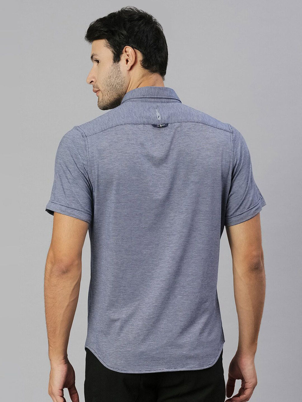 Thomas Scott Men Navy Classic Slim Fit Short Sleeves Spread Collar Solid Knitted Casual Shirts