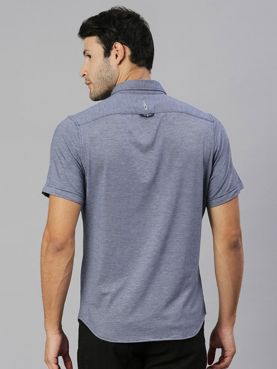 Thomas Scott Men Navy Classic Slim Fit Short Sleeves Spread Collar Solid Knitted Casual Shirts