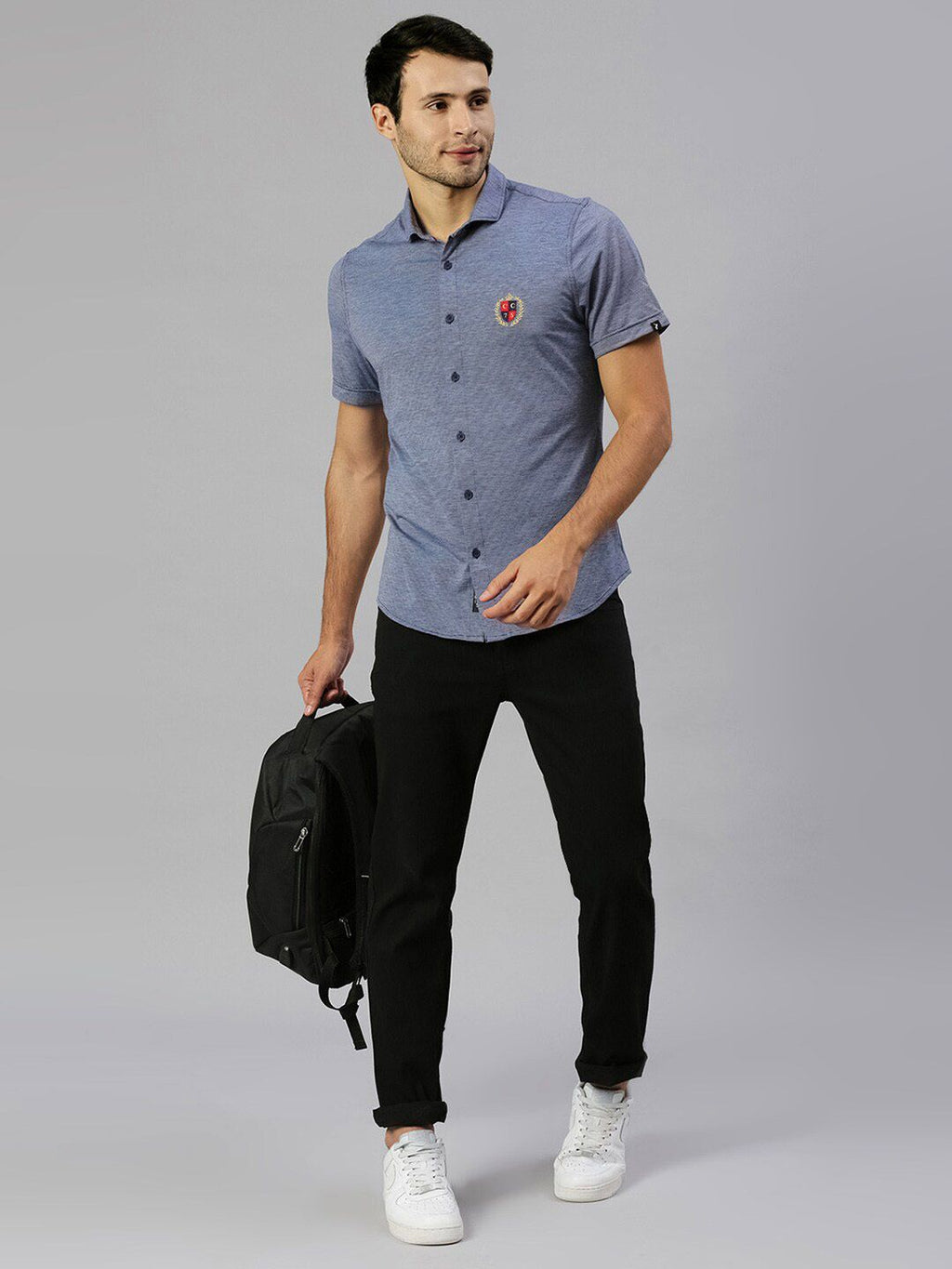 Thomas Scott Men Navy Classic Slim Fit Short Sleeves Spread Collar Solid Knitted Casual Shirts