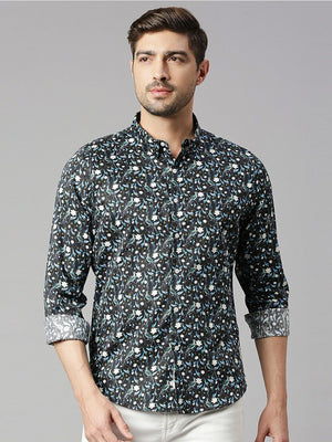 Thomas Scott Men Zed  Black Classic Slim Fit Long Sleeves Spread Collar Floral Printed Cotton Casual Shirt