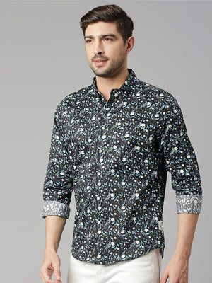 Thomas Scott Men Zed  Black Classic Slim Fit Long Sleeves Spread Collar Floral Printed Cotton Casual Shirt