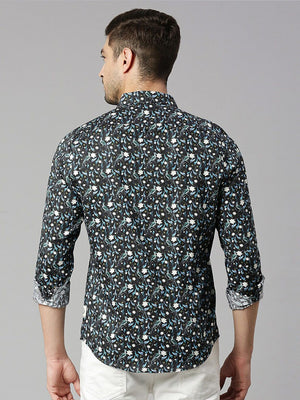 Thomas Scott Men Zed  Black Classic Slim Fit Long Sleeves Spread Collar Floral Printed Cotton Casual Shirt