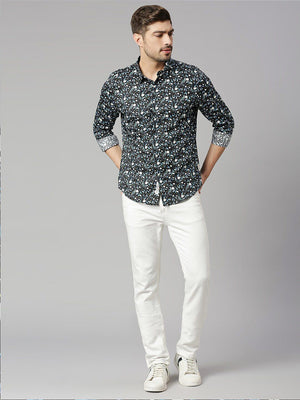 Thomas Scott Men Zed  Black Classic Slim Fit Long Sleeves Spread Collar Floral Printed Cotton Casual Shirt
