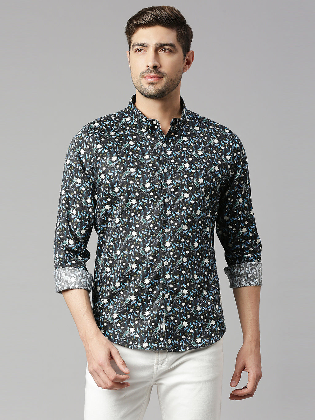 Thomas Scott Men Zed  Black Classic Slim Fit Long Sleeves Spread Collar Floral Printed Cotton Casual Shirt
