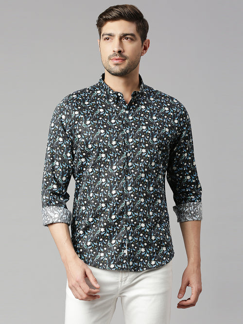 Thomas Scott Men Zed  Black Classic Slim Fit Long Sleeves Spread Collar Floral Printed Cotton Casual Shirt