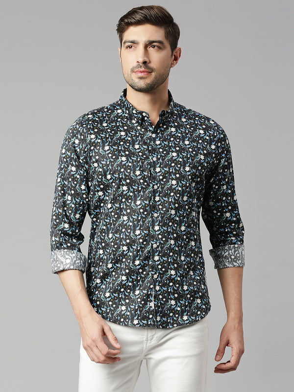 Thomas Scott Men Zed  Black Classic Slim Fit Long Sleeves Spread Collar Floral Printed Cotton Casual Shirt