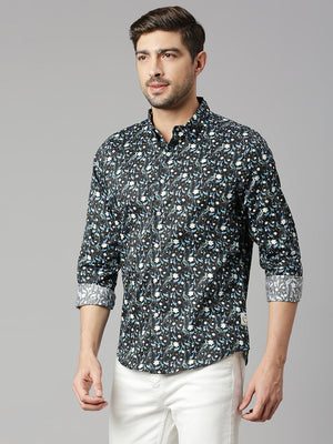 Thomas Scott Men Zed  Black Classic Slim Fit Long Sleeves Spread Collar Floral Printed Cotton Casual Shirt