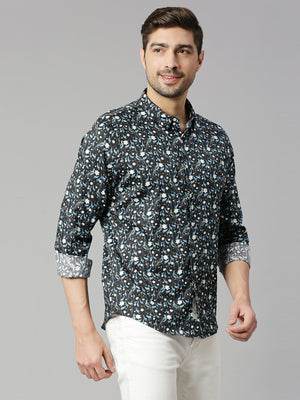 Thomas Scott Men Zed  Black Classic Slim Fit Long Sleeves Spread Collar Floral Printed Cotton Casual Shirt