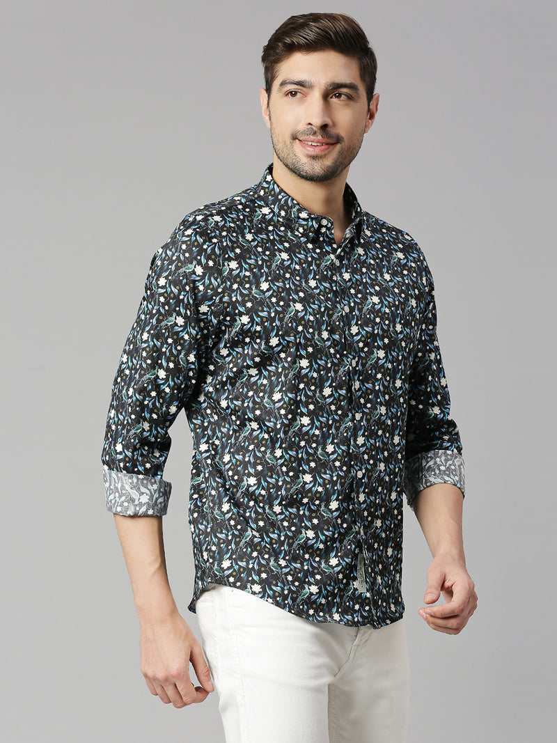 Thomas Scott Men Zed  Black Classic Slim Fit Long Sleeves Spread Collar Floral Printed Cotton Casual Shirt