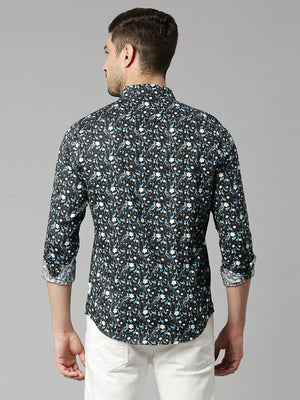 Thomas Scott Men Zed  Black Classic Slim Fit Long Sleeves Spread Collar Floral Printed Cotton Casual Shirt