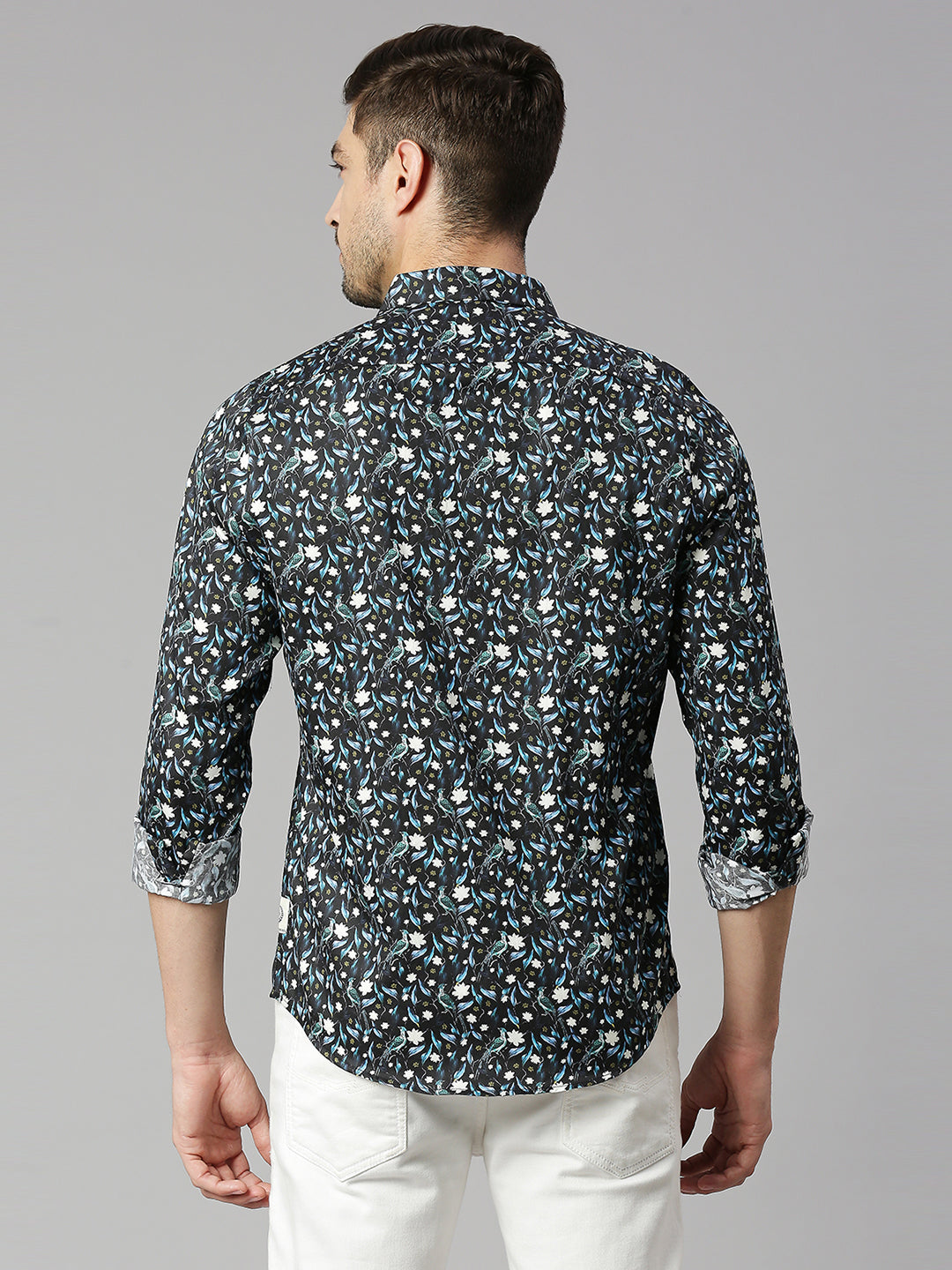 Thomas Scott Men Zed  Black Classic Slim Fit Long Sleeves Spread Collar Floral Printed Cotton Casual Shirt