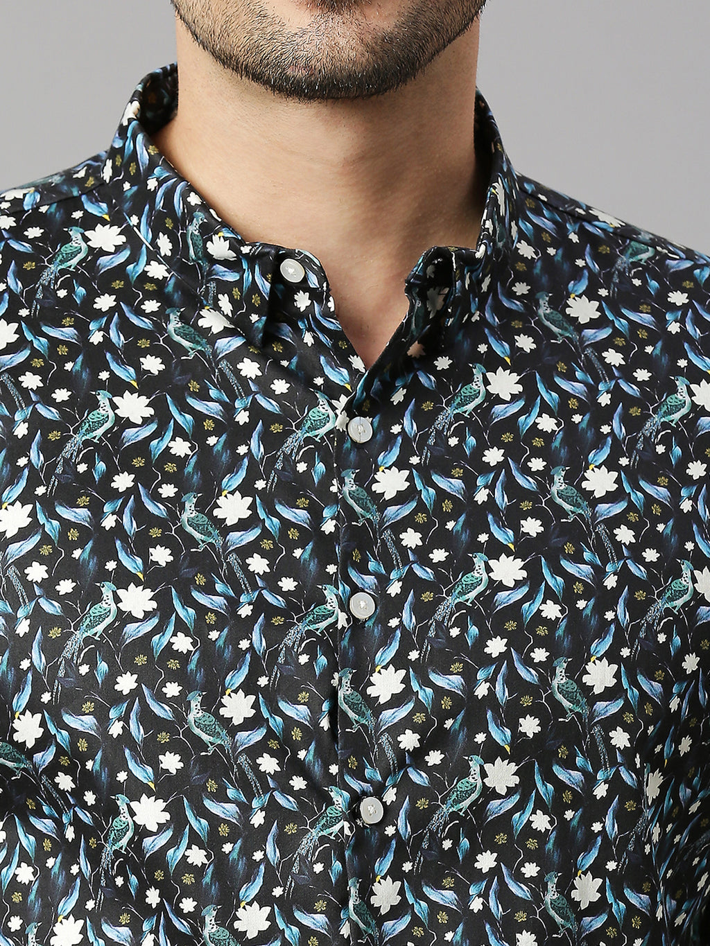 Thomas Scott Men Zed  Black Classic Slim Fit Long Sleeves Spread Collar Floral Printed Cotton Casual Shirt