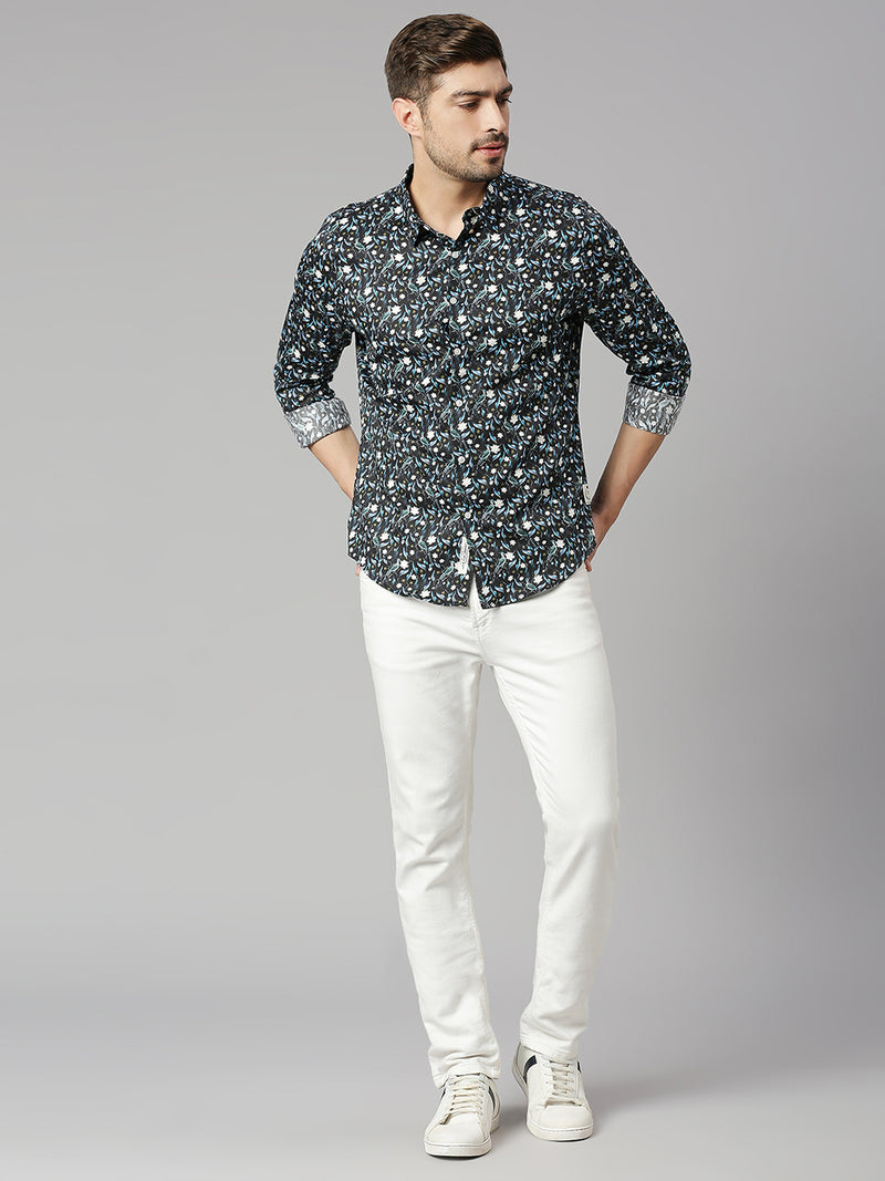 Thomas Scott Men Zed  Black Classic Slim Fit Long Sleeves Spread Collar Floral Printed Cotton Casual Shirt