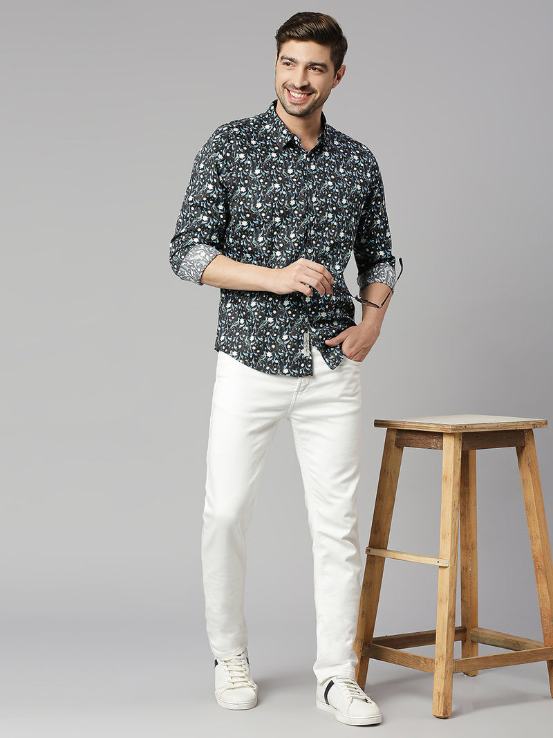 Thomas Scott Men Zed  Black Classic Slim Fit Long Sleeves Spread Collar Floral Printed Cotton Casual Shirt