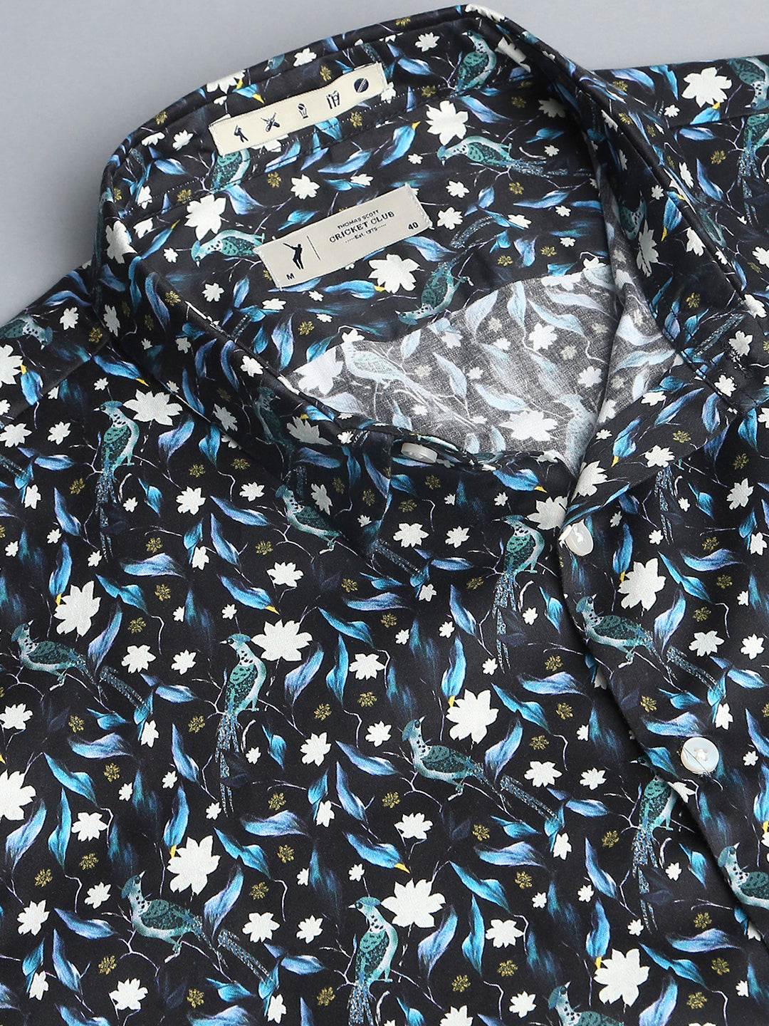 Thomas Scott Men Zed  Black Classic Slim Fit Long Sleeves Spread Collar Floral Printed Cotton Casual Shirt