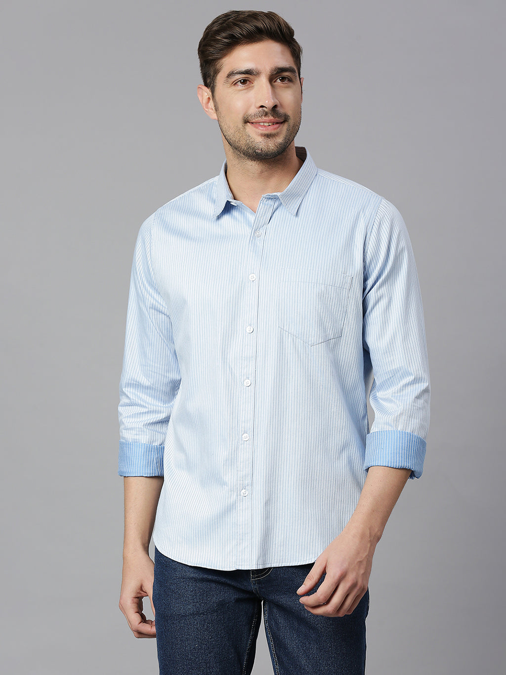 Thomas Scott Men Blue 3 Cricket Club Collection Slim Fit Long Sleeves Spread Collar Pinstripes 100% Cotton Casual Shirt