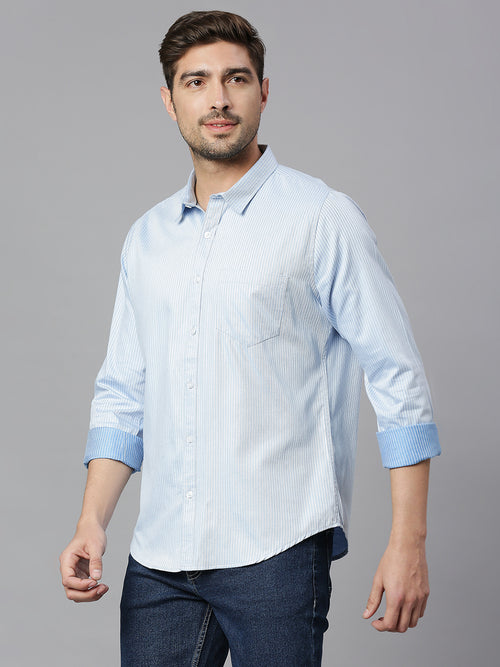 Thomas Scott Men Blue 3 Cricket Club Collection Slim Fit Long Sleeves Spread Collar Pinstripes 100% Cotton Casual Shirt