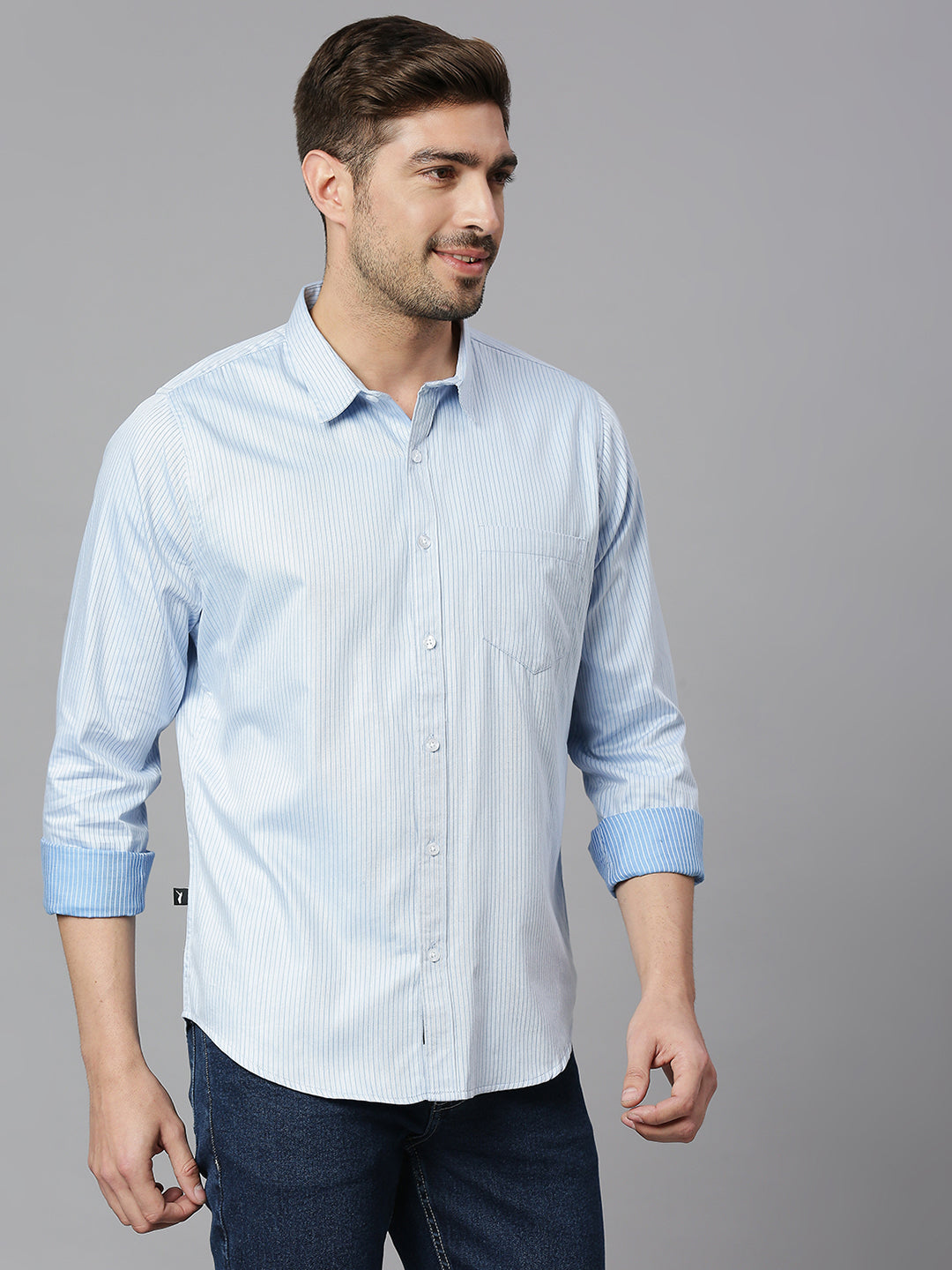 Thomas Scott Men Blue 3 Cricket Club Collection Slim Fit Long Sleeves Spread Collar Pinstripes 100% Cotton Casual Shirt