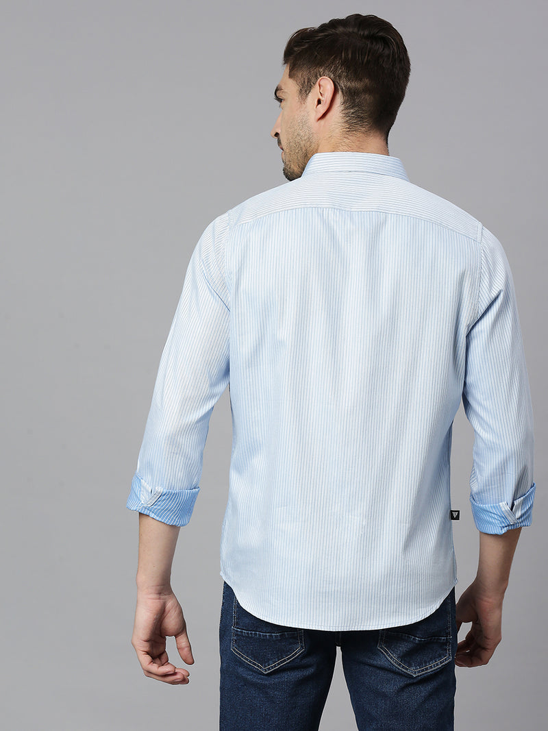 Thomas Scott Men Blue 3 Cricket Club Collection Slim Fit Long Sleeves Spread Collar Pinstripes 100% Cotton Casual Shirt