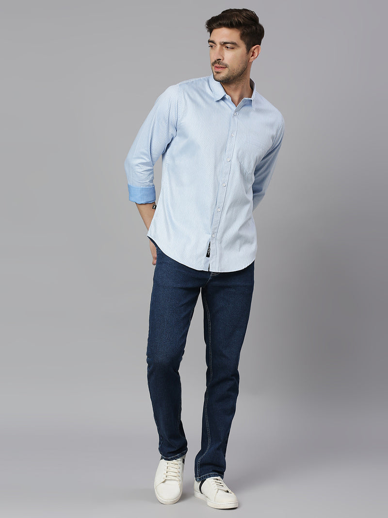 Thomas Scott Men Blue 3 Cricket Club Collection Slim Fit Long Sleeves Spread Collar Pinstripes 100% Cotton Casual Shirt