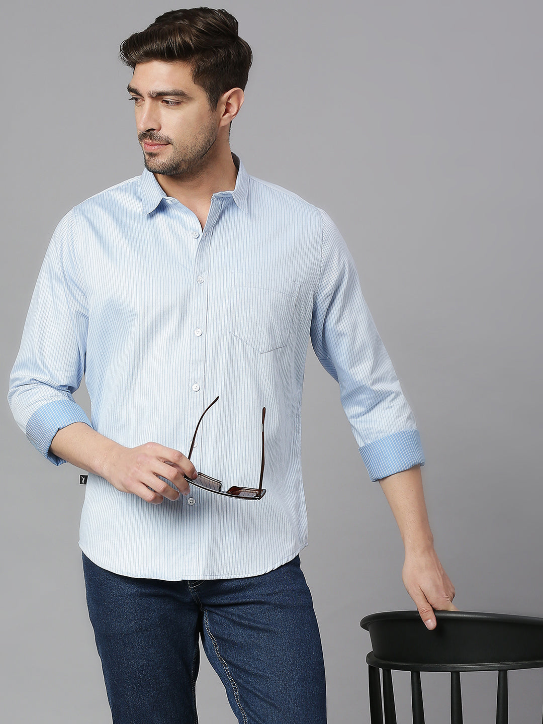 Thomas Scott Men Blue 3 Cricket Club Collection Slim Fit Long Sleeves Spread Collar Pinstripes 100% Cotton Casual Shirt