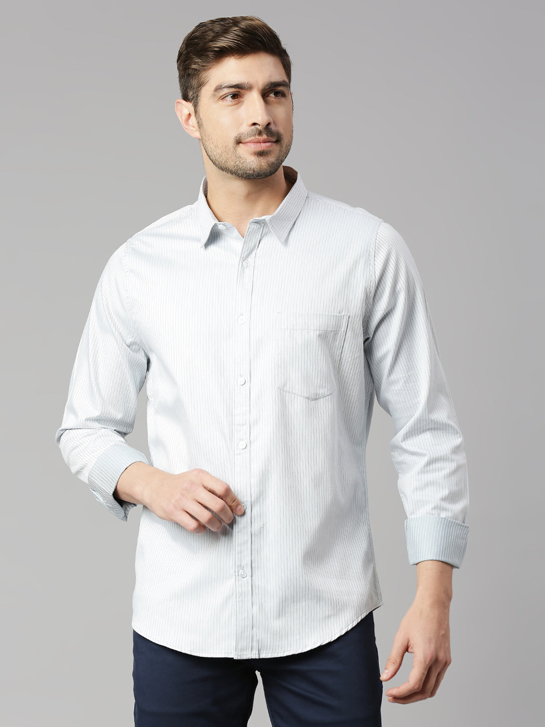 Thomas Scott Men Grey Cricket Club Collection Slim Fit Long Sleeves Spread Collar Pinstripes 100% Cotton Casual Shirt