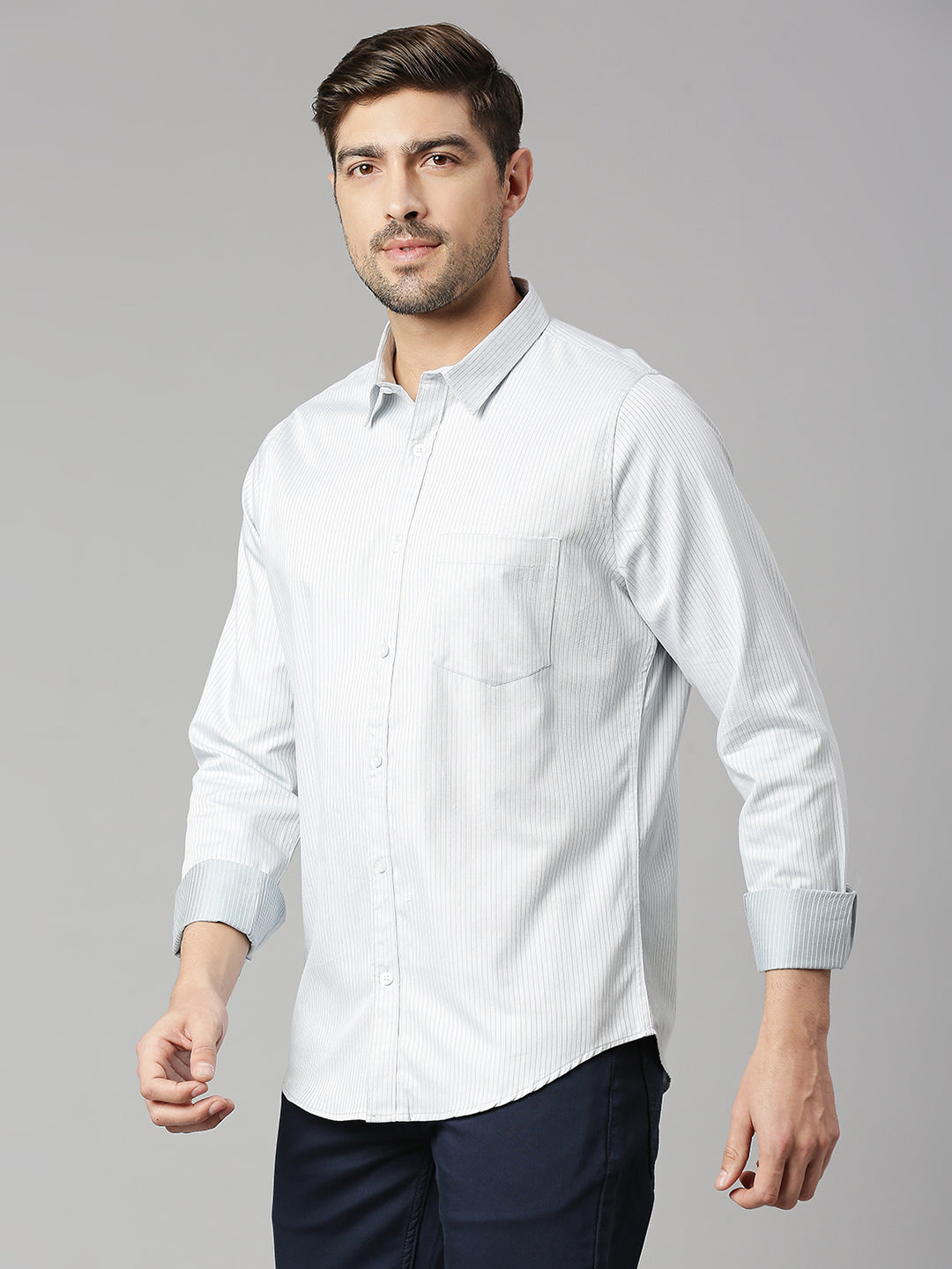 Thomas Scott Men Grey Cricket Club Collection Slim Fit Long Sleeves Spread Collar Pinstripes 100% Cotton Casual Shirt