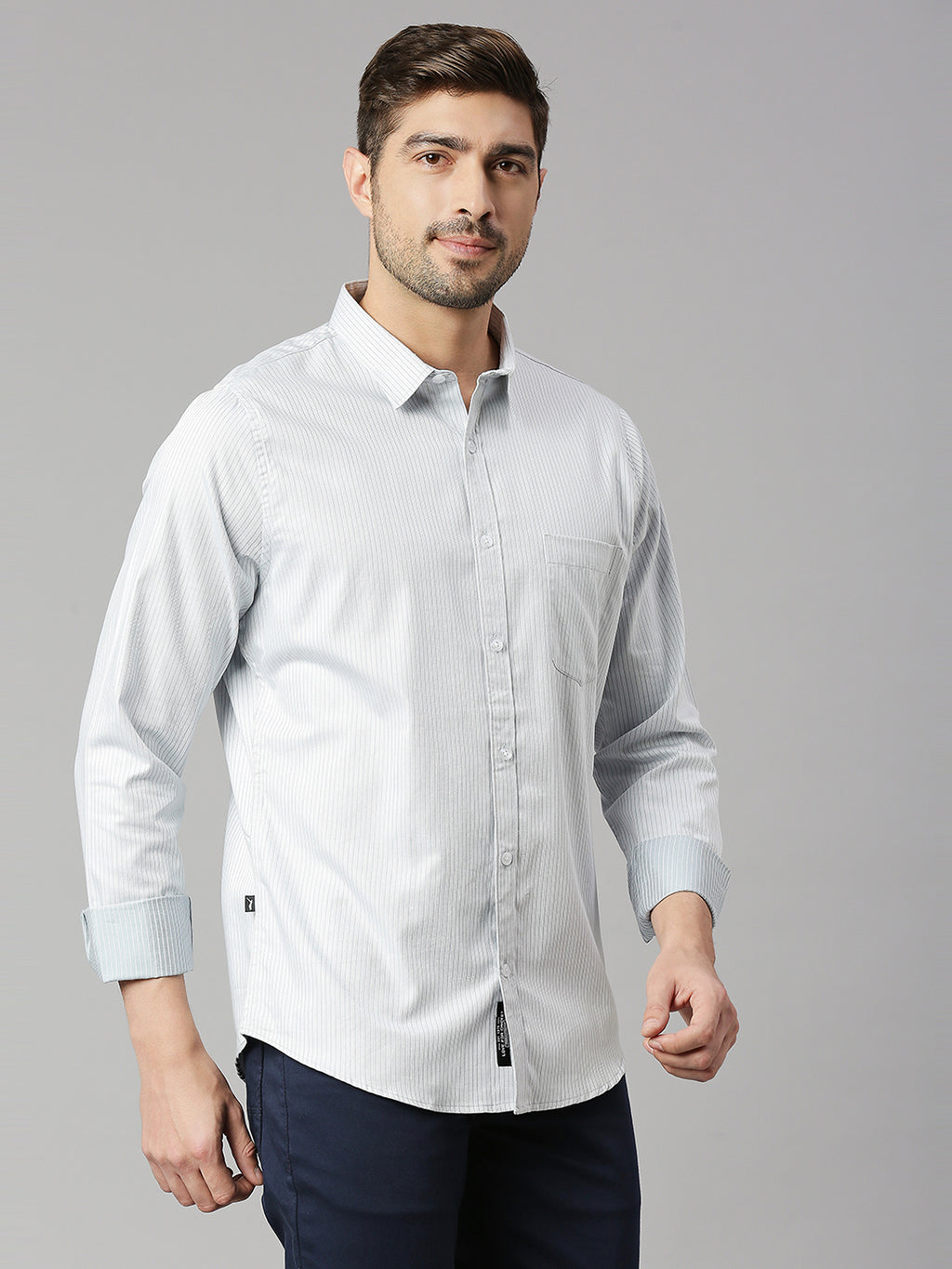Thomas Scott Men Grey Cricket Club Collection Slim Fit Long Sleeves Spread Collar Pinstripes 100% Cotton Casual Shirt