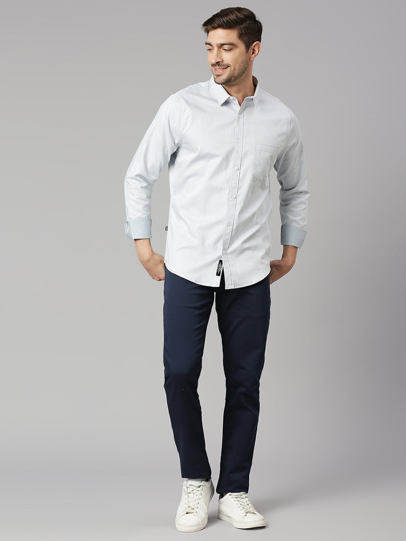 Thomas Scott Men Grey Cricket Club Collection Slim Fit Long Sleeves Spread Collar Pinstripes 100% Cotton Casual Shirt