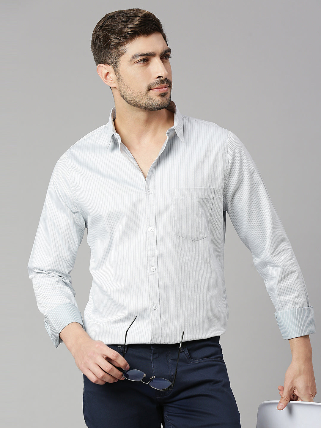 Thomas Scott Men Grey Cricket Club Collection Slim Fit Long Sleeves Spread Collar Pinstripes 100% Cotton Casual Shirt