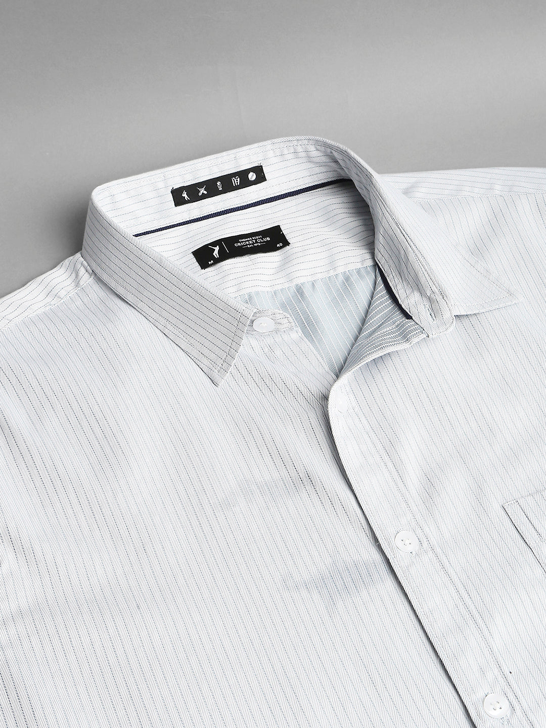 Thomas Scott Men Grey Cricket Club Collection Slim Fit Long Sleeves Spread Collar Pinstripes 100% Cotton Casual Shirt